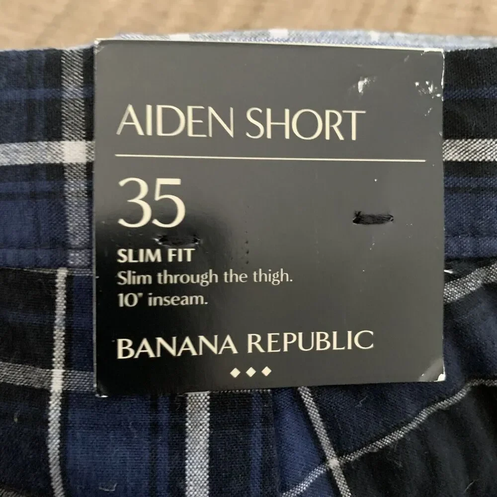 Banana Republic Aiden Short Slim Fit Blue Plaid Flat Front Mens 35 10” Ins NEW